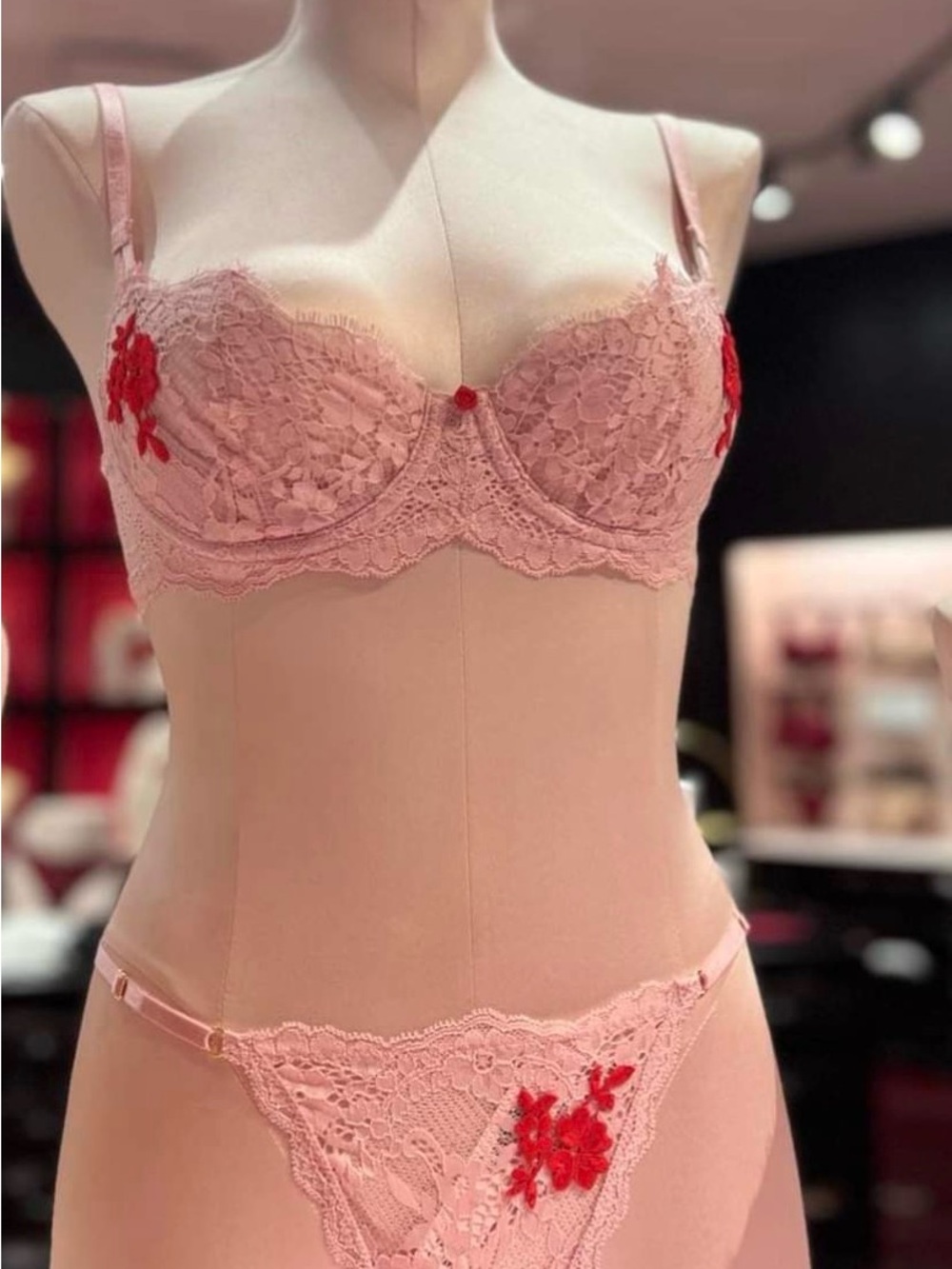 Victoria's Secret Pink Lace Bra & Panty Set with Red Floral Appliqué